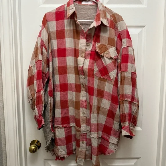 Red and Tan Plaid Button Down oversized shirt - Picture 8 of 12